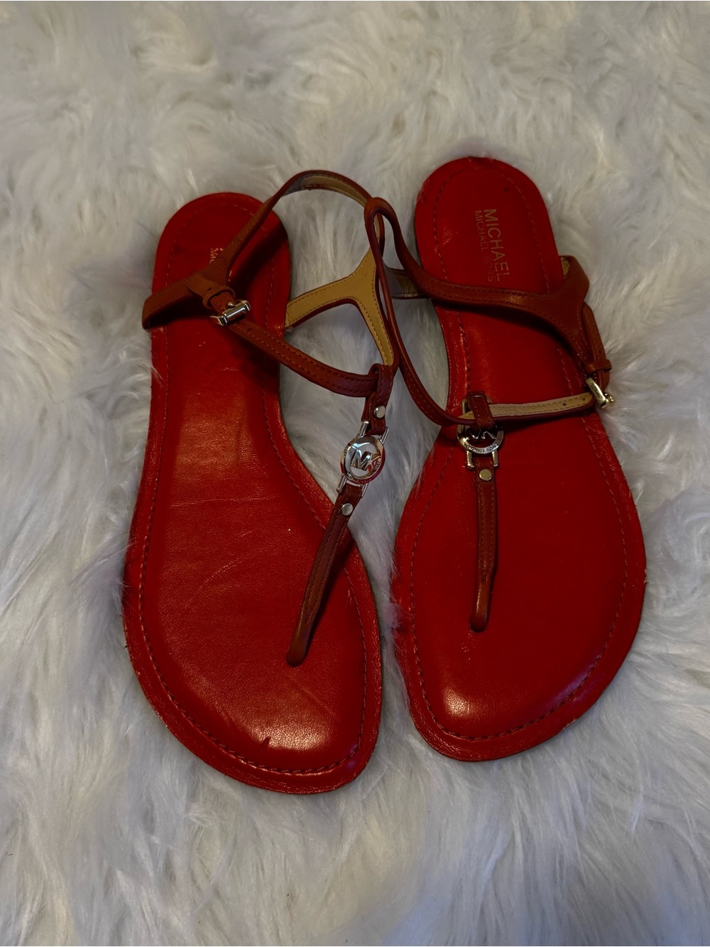 Michael Kors Burnt Orange Leather T-Strap Sandals Size 7 1/2